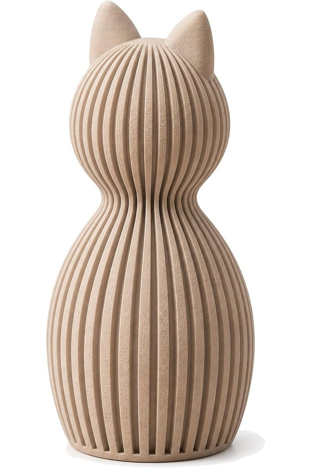 Minimalist Cat Figurine 8.6 cm, Ribbed Scandinavian Statue, Small Modern Sculpture for Shelf, Beige