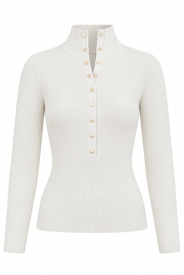 Cream Snap-Fastened Turtleneck Sweater - 2y251037
