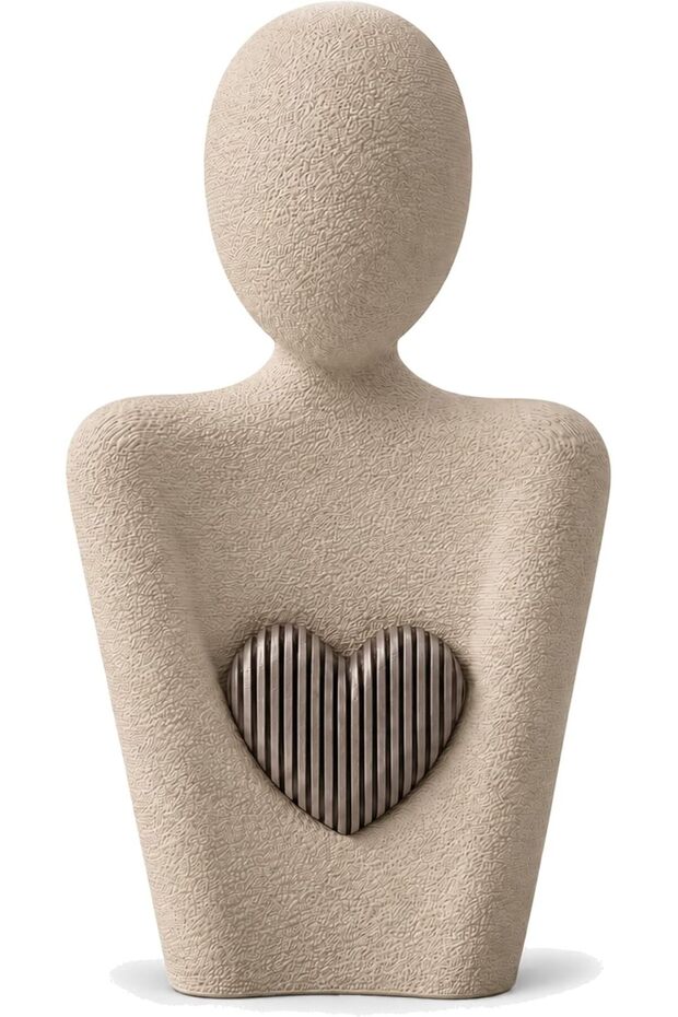 Mother Figurine with Heart, 13.3 cm Minimalist Abstract Statue, Modern Home Decor Sculpture, Beige