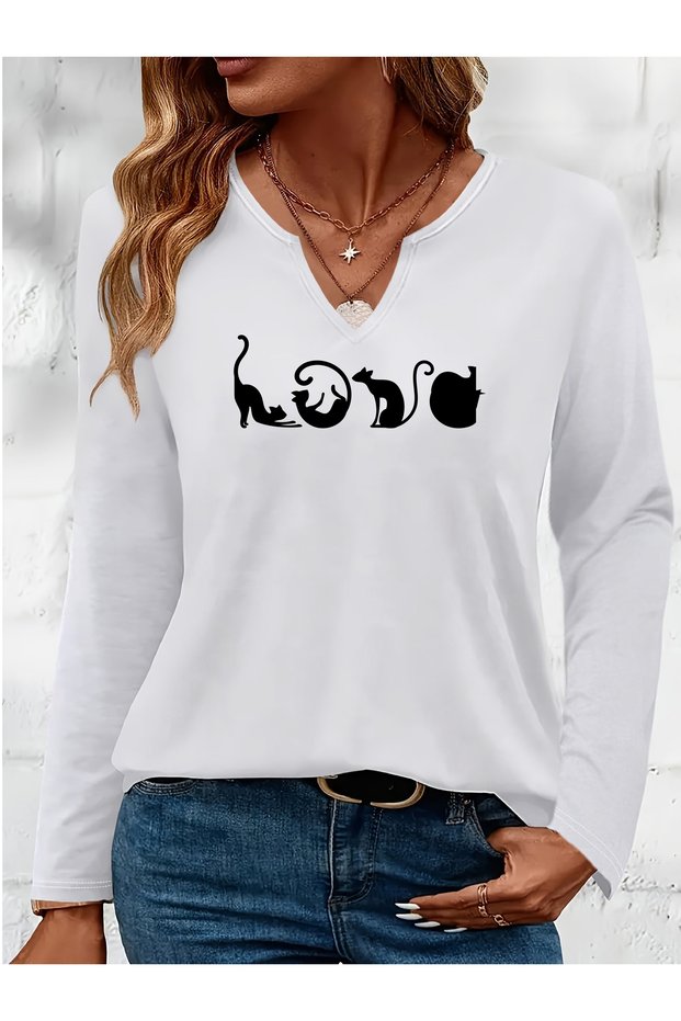 Mix Cat-Print Cotton-Stretch Fabric Half-V-Neck Long-Sleeve Blouse