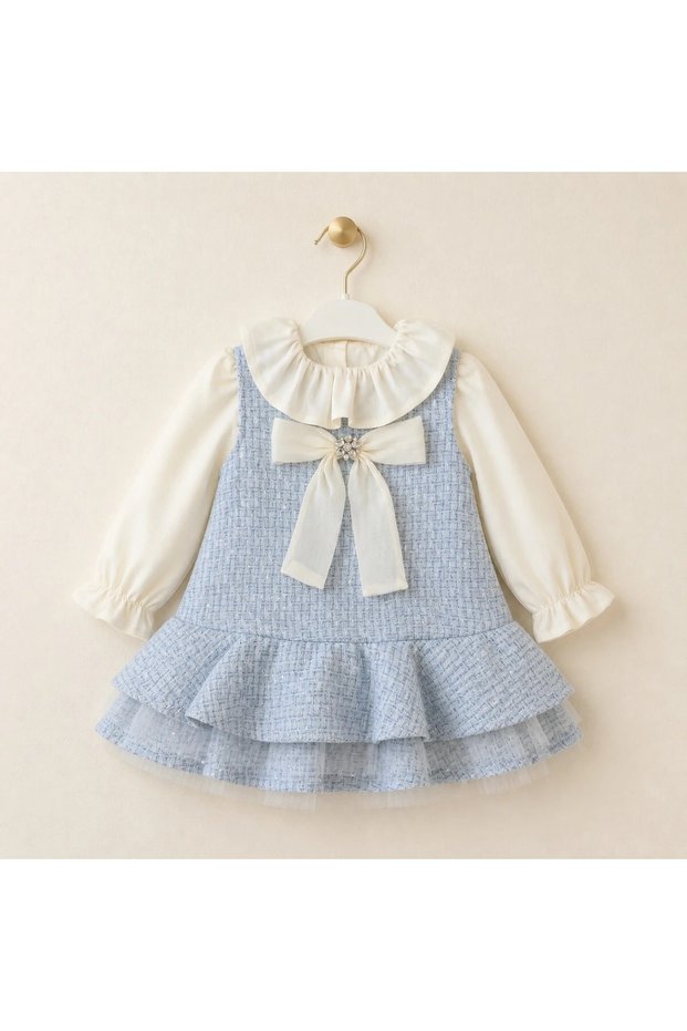 2-Piece Set of Ruffled Tweed Jilbab Dress and Shirt, Blue