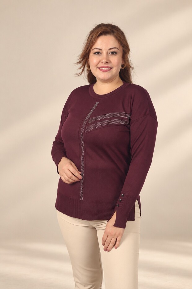 Women's Plus-Size Knit Blouse embellished with vertical and asymmetrical horizontal stones on the front