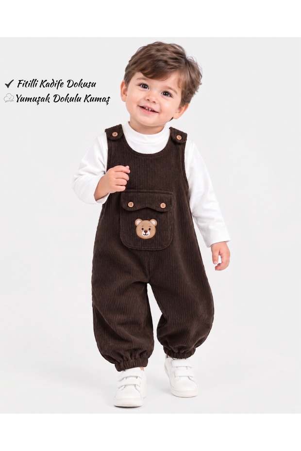 Boys' Velvet Dungarees Set with Long-Sleeved Bodysuit and Teddy Bear Print