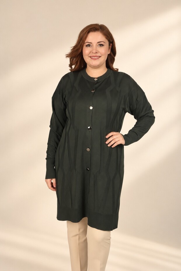 Women's Self-Patterned Diamond Patterned Geometric Patterned Button-Front Plus-Size Tunic Cardigan