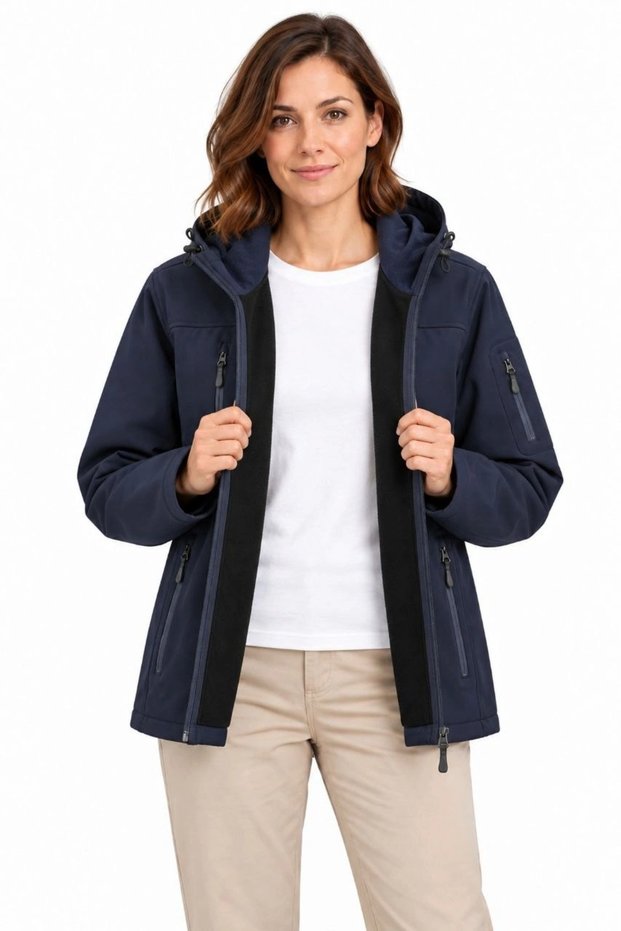 Women's Waterproof Softshell Jacket with Fleece-Lined Hood, Detachable Hood, and 4 Pockets - Navy Blue