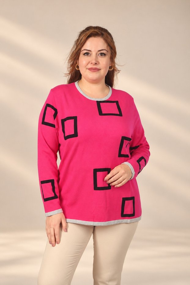 Women's Plus-Size Viscose Knit Blouse with Checked Pattern and Button Detail on the Back