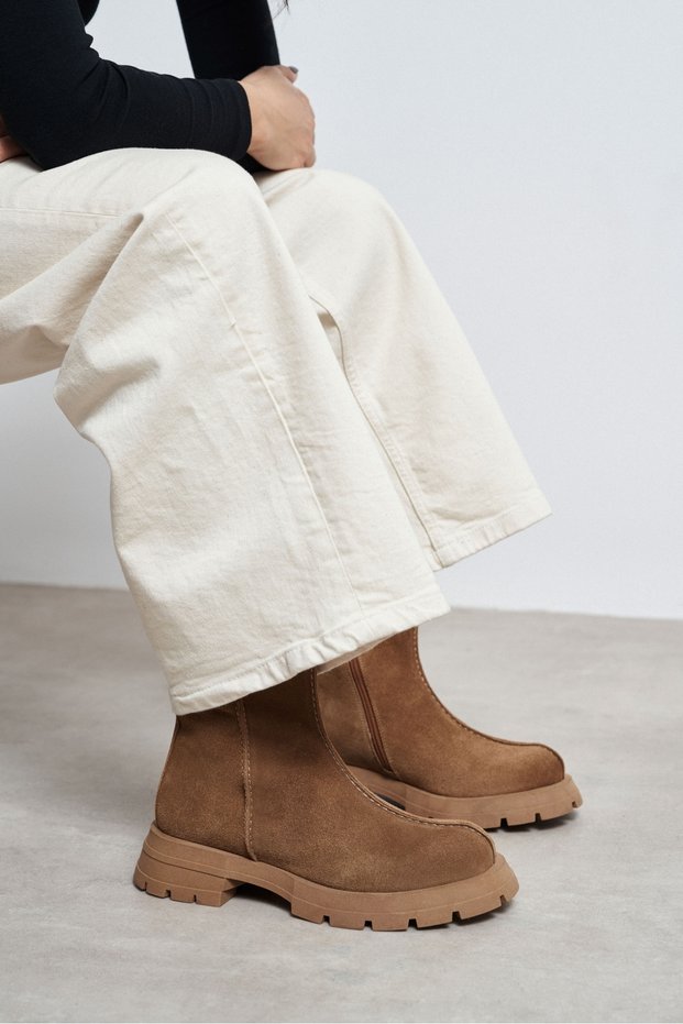 Denada Desert Dark Beige Suede Leather Zipper Round Toe Chunky-Soled Women's Boots