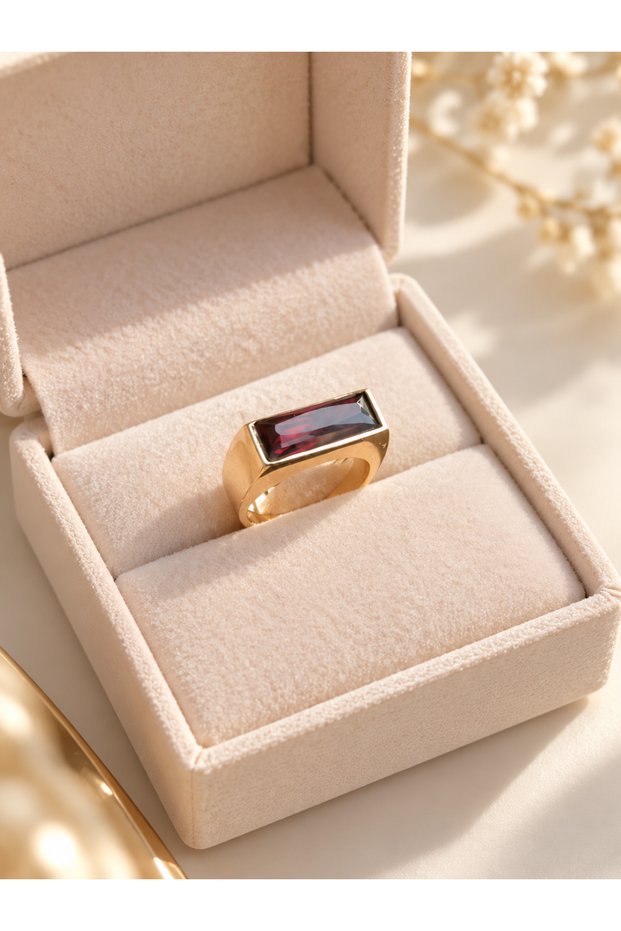 Women's Ring with Burgundy Stone, Rectangular Cut, Gold-Colored, Chunky Design
