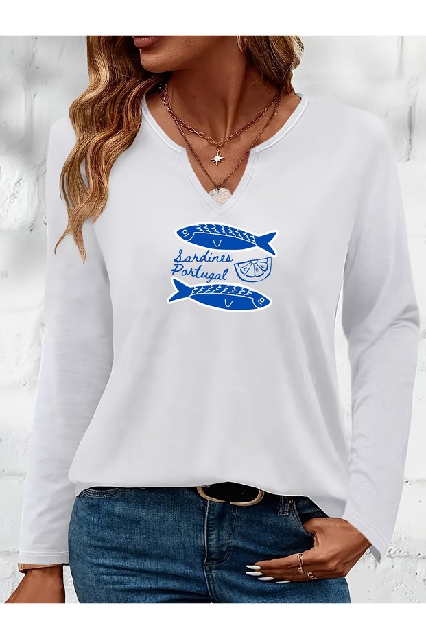 Mix-Printed Cotton-Lycra Half-V-Neck Short-Sleeved Blouse