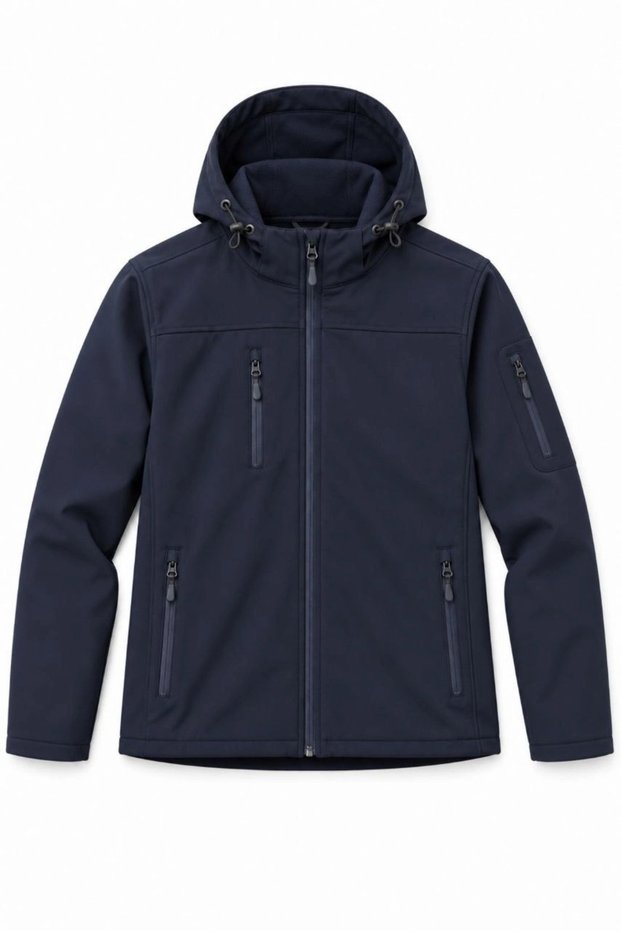 Men's Waterproof Jacket with Fleece Lining and Detachable Hood - Navy Blue