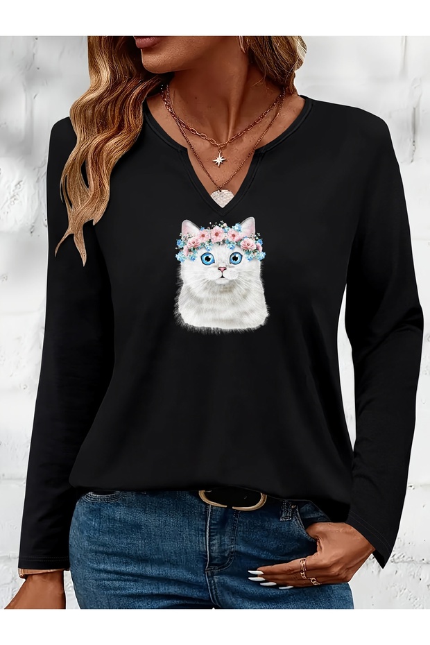 Mix-Printed Cotton-Lycra Half-V-Neck Short-Sleeved Blouse