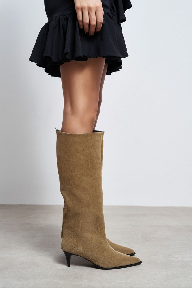 Jolie Rome Beige Suede Genuine Leather Pointed Toe Cone-Heel Women's Boots