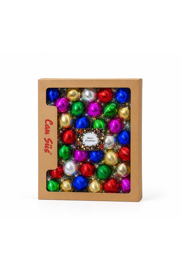 Can Süs Set of 48 Colorful Striped Shiny Christmas Tree Ornaments – Christmas Decorations in a Kraft Box