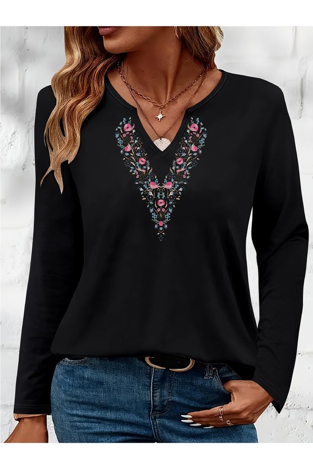 Mix-Printed Cotton-Lycra Half-V-Neck Short-Sleeved Blouse