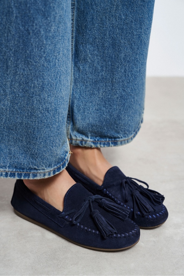 Siena Navy Suede Leather Loafers with Tassel Detail and Flat Sole for Women