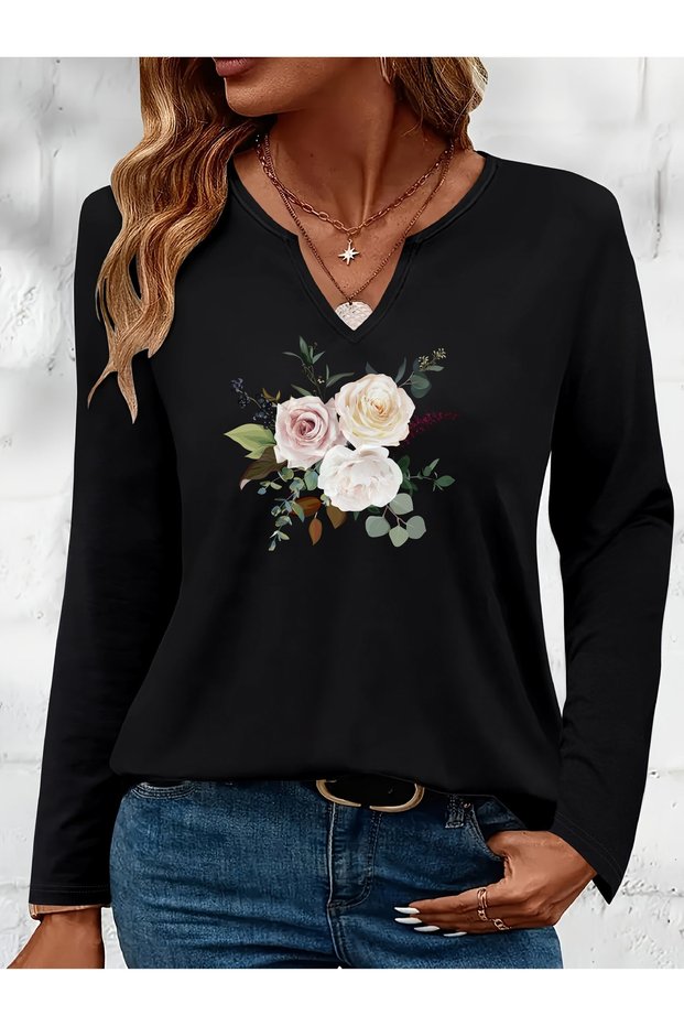 Mix-Printed Cotton-Lycra Half-V-Neck Short-Sleeved Blouse