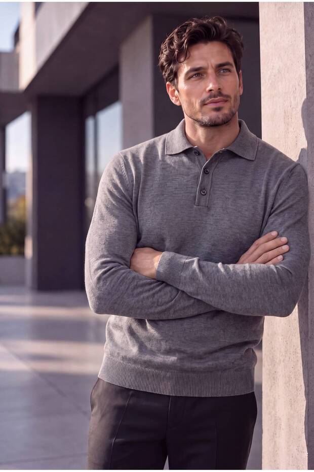 Classic Men’s Polo Collar Knit Sweater with Wool Blend