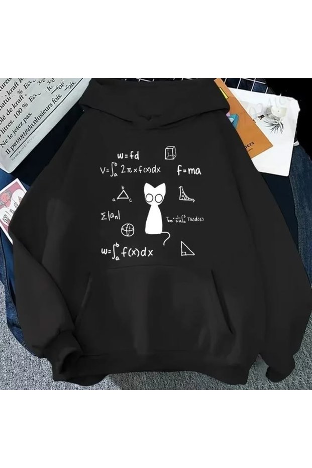 Y2K Black Cat Love Math Printed Cotton 3-Ply Brushed Inside Oversized Sweatshirt