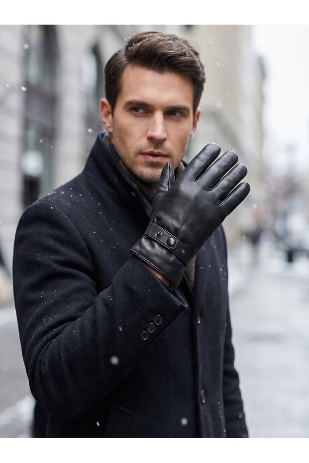 Men's Black Faux Leather Gloves with Fur-Lined Design (Sizes L and XL)