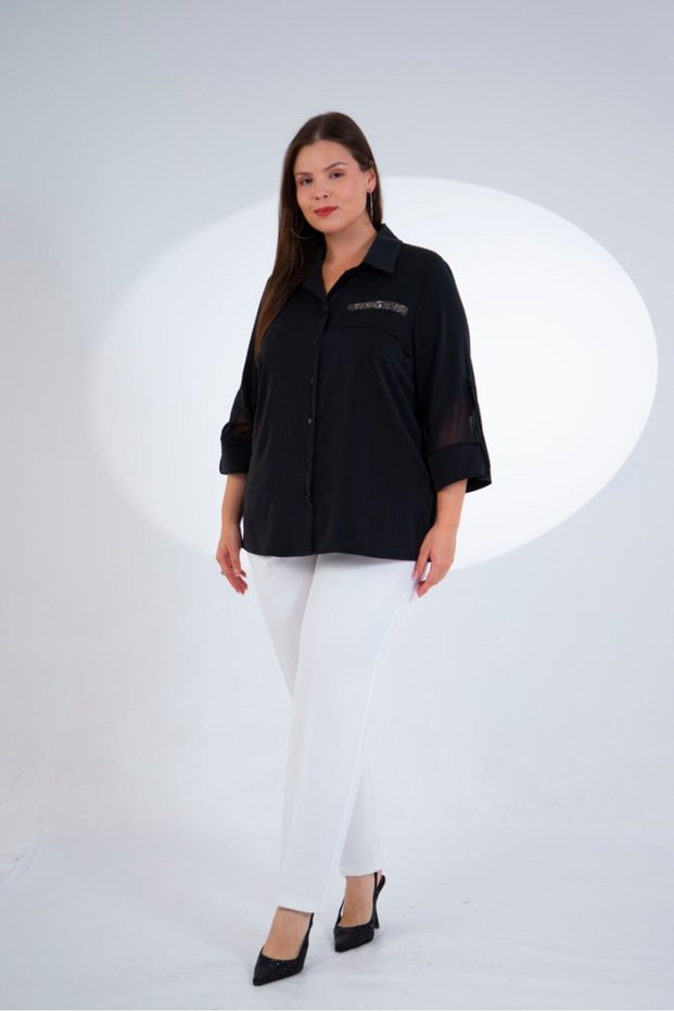 Women's Plus-Size Ruffled Blouse with Rhinestones