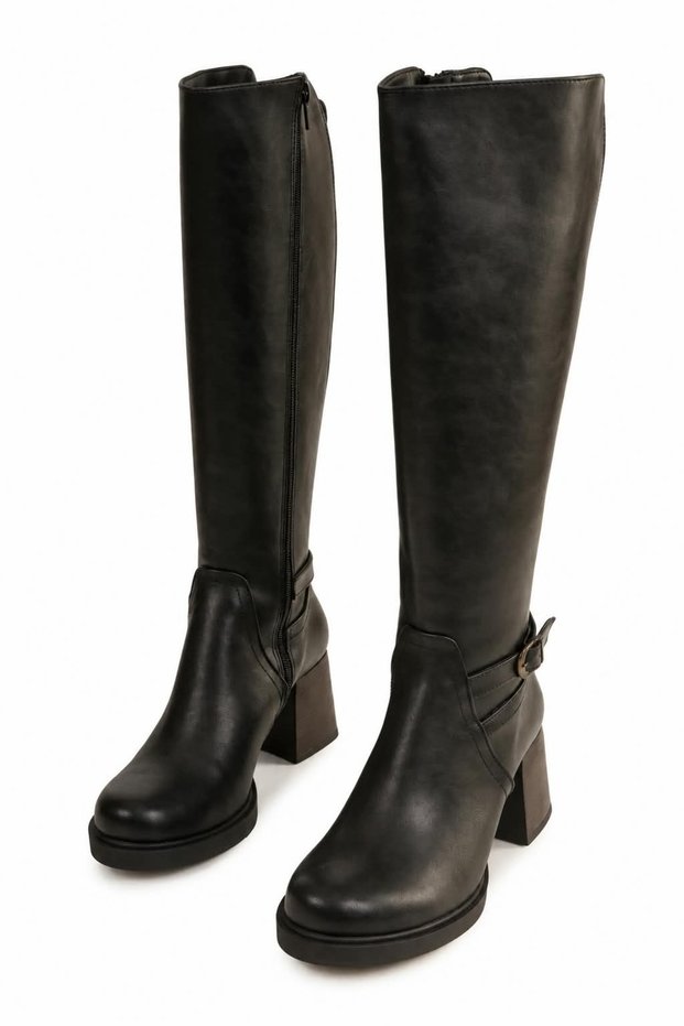Valeria Women's Black Knee-High Boots with Buckle Detail, Stretch Details, and Thick Heels