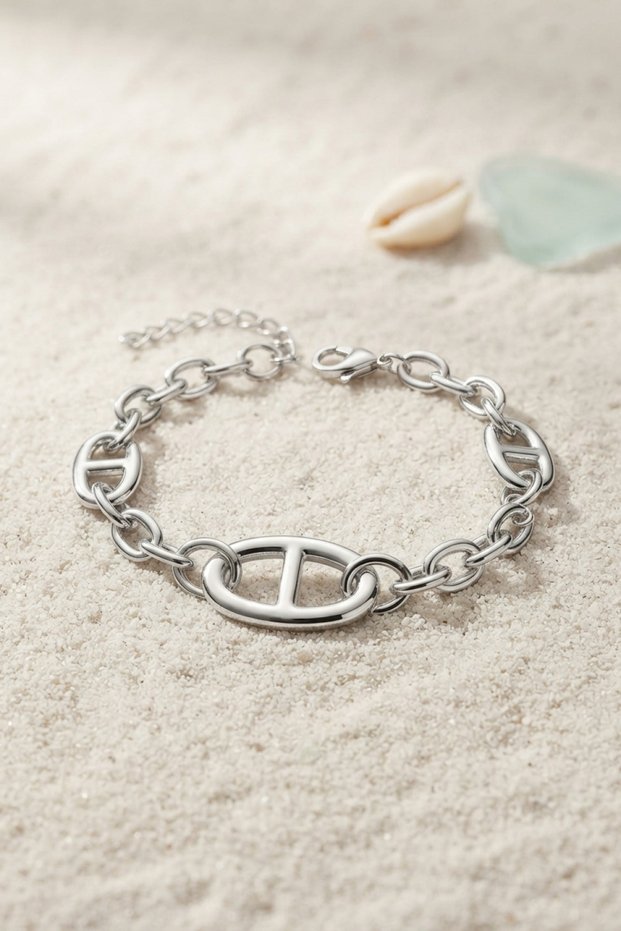 Silver-Toned Rice-Bead Sailor Chain-Style Women's Bracelet -