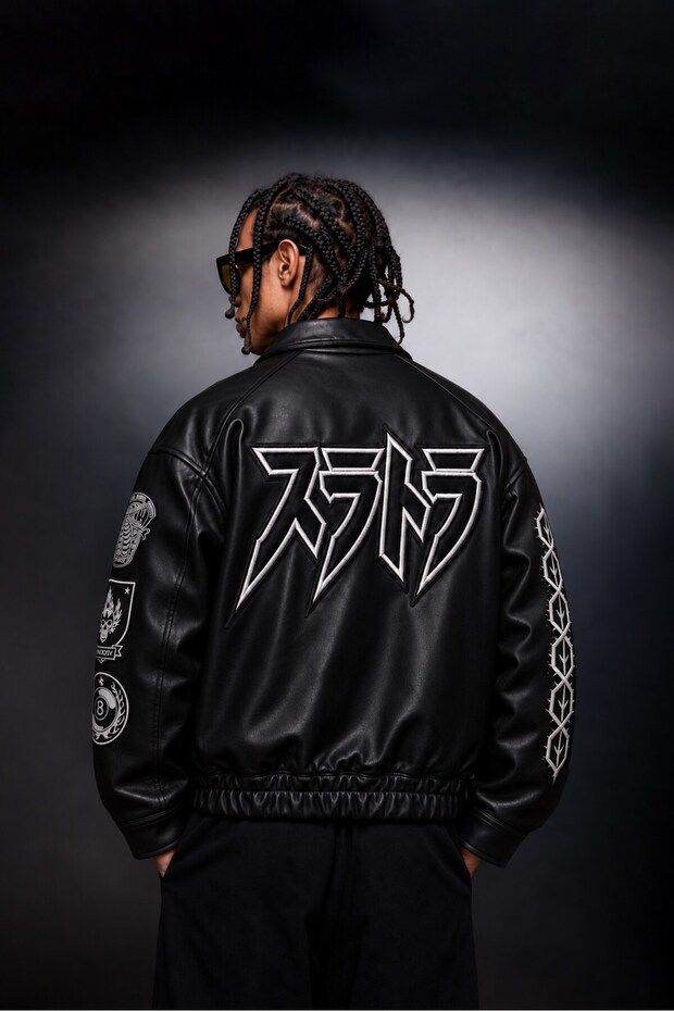 Men's Black Suratora Embroidered Bomber Leather Jacket