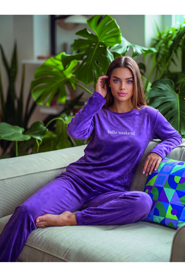 Textile Detailed Velvet Long Sleeve Women's Pajama Set