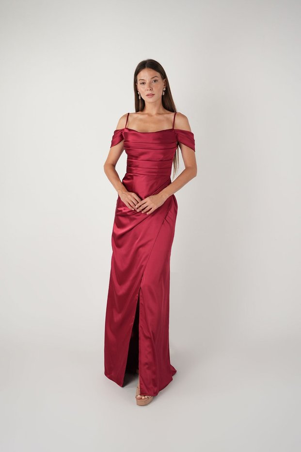 Satin Fabric Degaje Collar Evening Dress - Bordo
