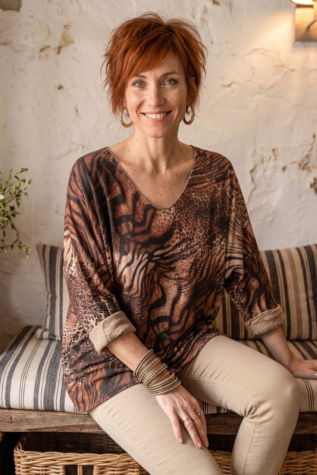 Italian Terracotta Color V-Neck Long-Sleeve Leopard Print Angora Wool Blend Oversized Knit Blouse 71 70