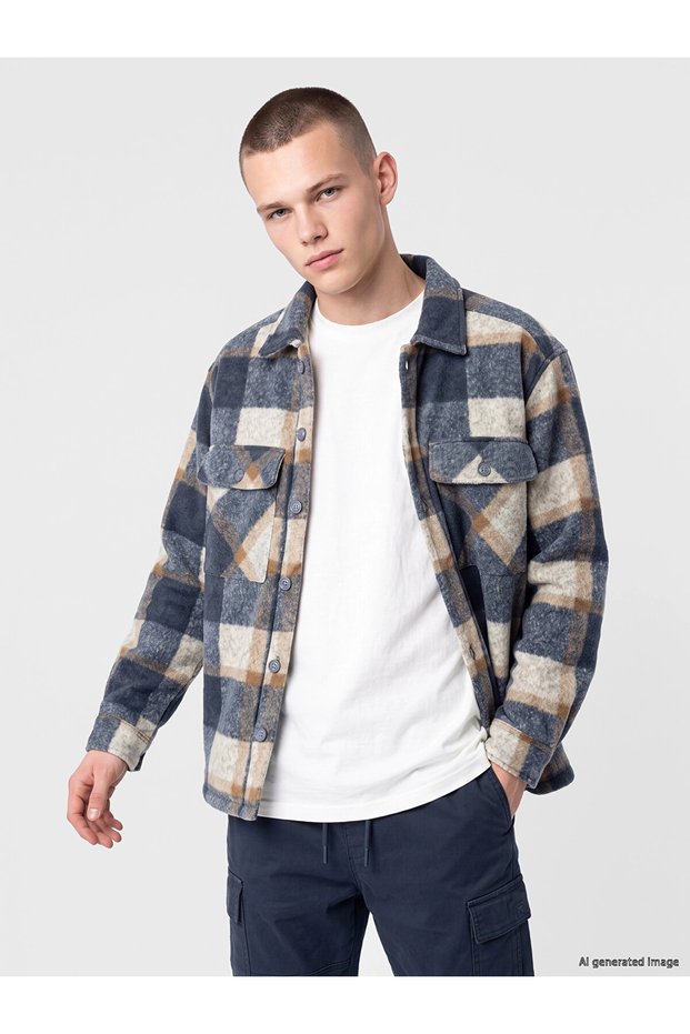 XSIDE Indigo Relaxed Fit Plaid Men's Flannel Shirt Jacket