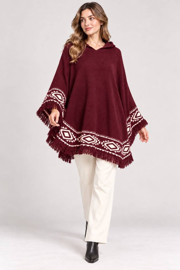 Women's Brown Hooded Poncho with Ethnic Patterned Design and Tasseled Edges
