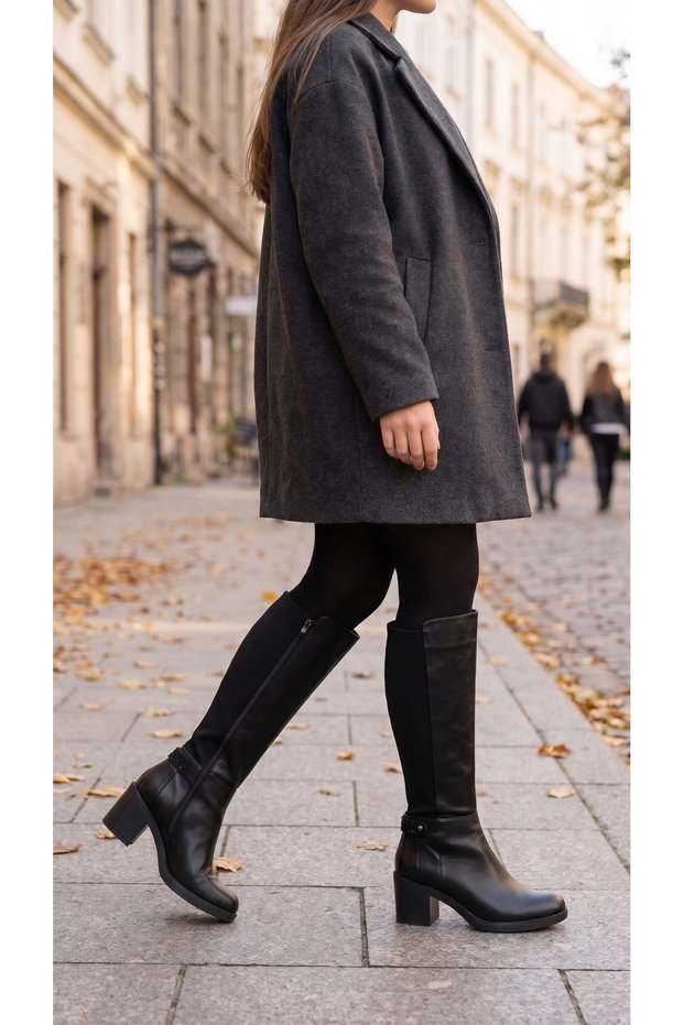 Sms4204 Black Leather Women's Boots with Studded Detail and Thick Heels