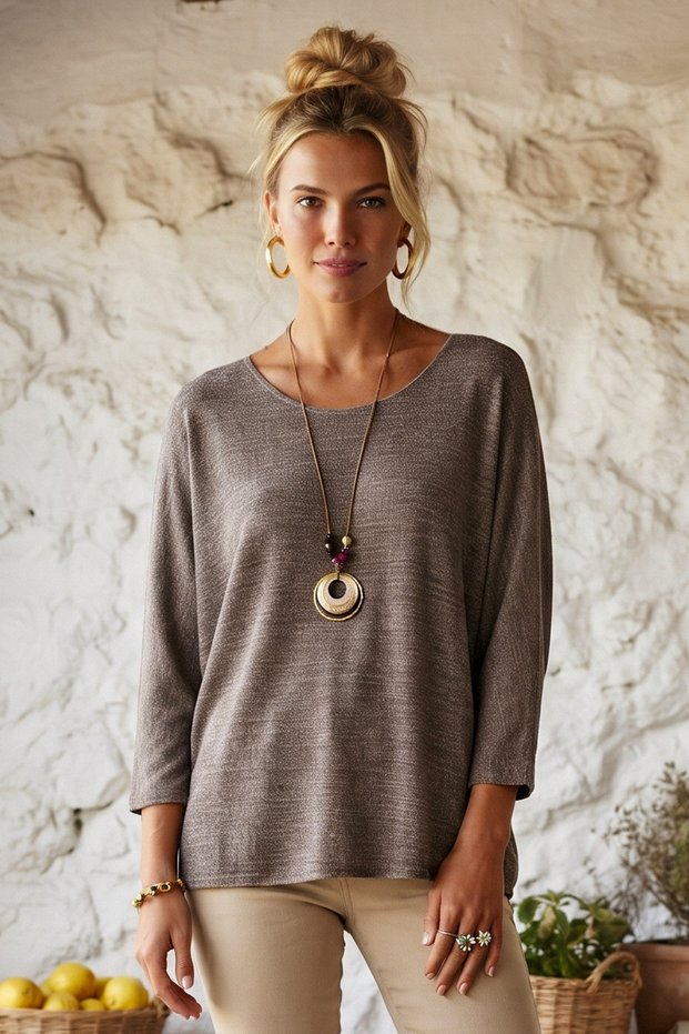 Italian Taupe Color Mink-Print Pool-Neck Batwing Sleeve Collared Casual Oversized Knit Blouse 68 67