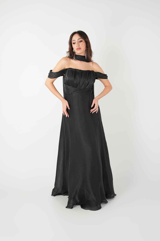 Chiffon Organza Fabric Evening Dress with Ruffle Detail - Black