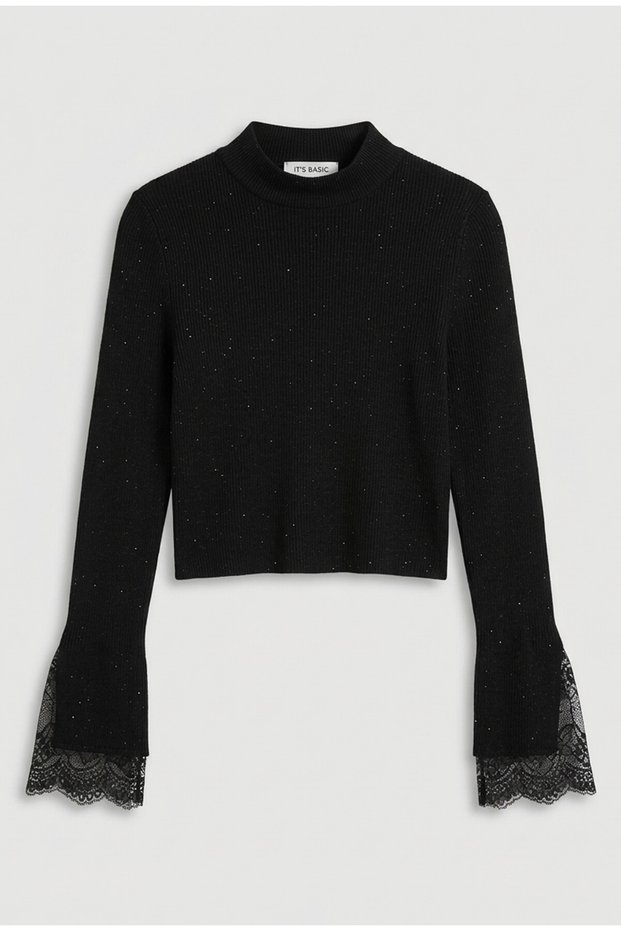 Women's W6-1 Regular Fit Knit Sweater with Stone Lace Detail