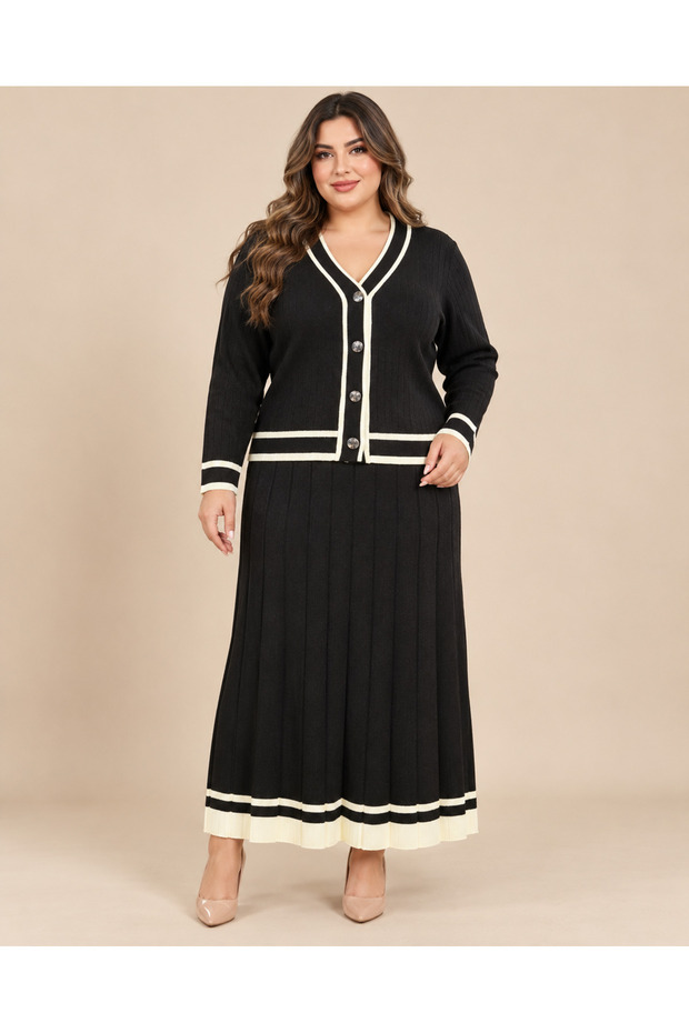 Plus-Size Knit Striped Button-Down Set, Black