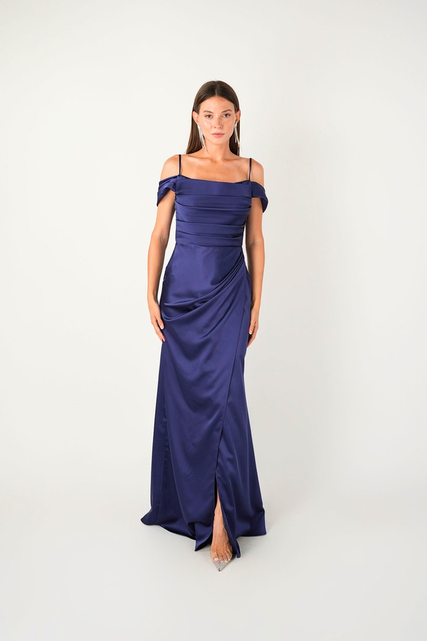 Satin Fabric Degaje Collar Evening Dress - Dark Blue