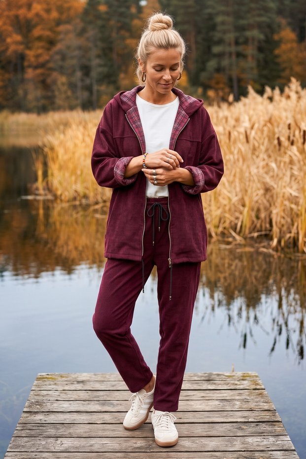 Italian Burgundy Hooded Long-Sleeve Zippered Pocket with Ribbed Corded Fabric Top and Bottom Set 69-100 70-60