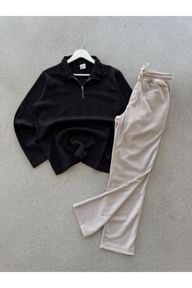 Men's Winter Half-Zip Black and Beige Sweatsuit