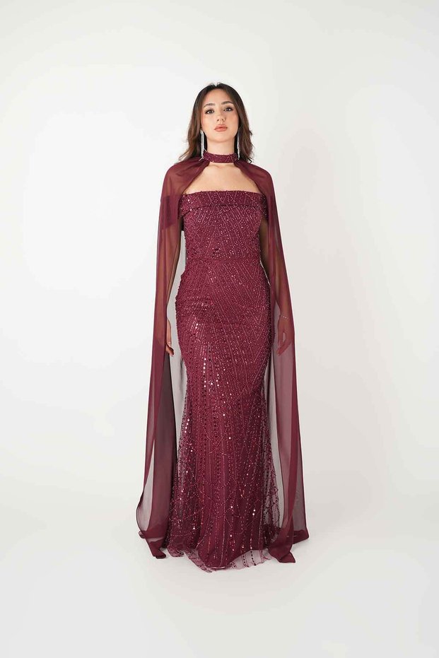 Full Beaded Fabric Cape Detailed Evening Dress - Bordo