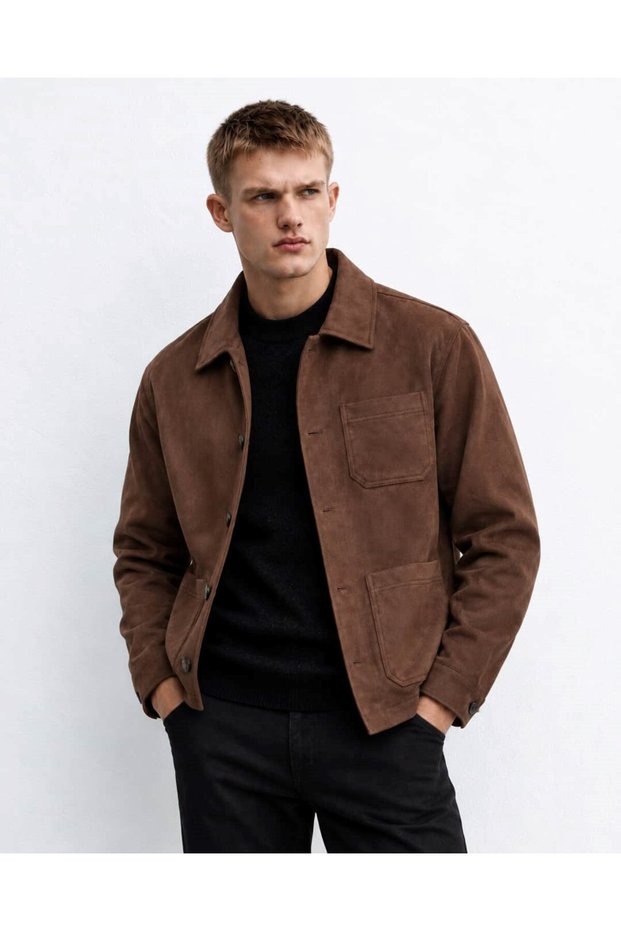 Men's Suede Fabric Button-Front 3-Pocket Lined Transitional Jacket