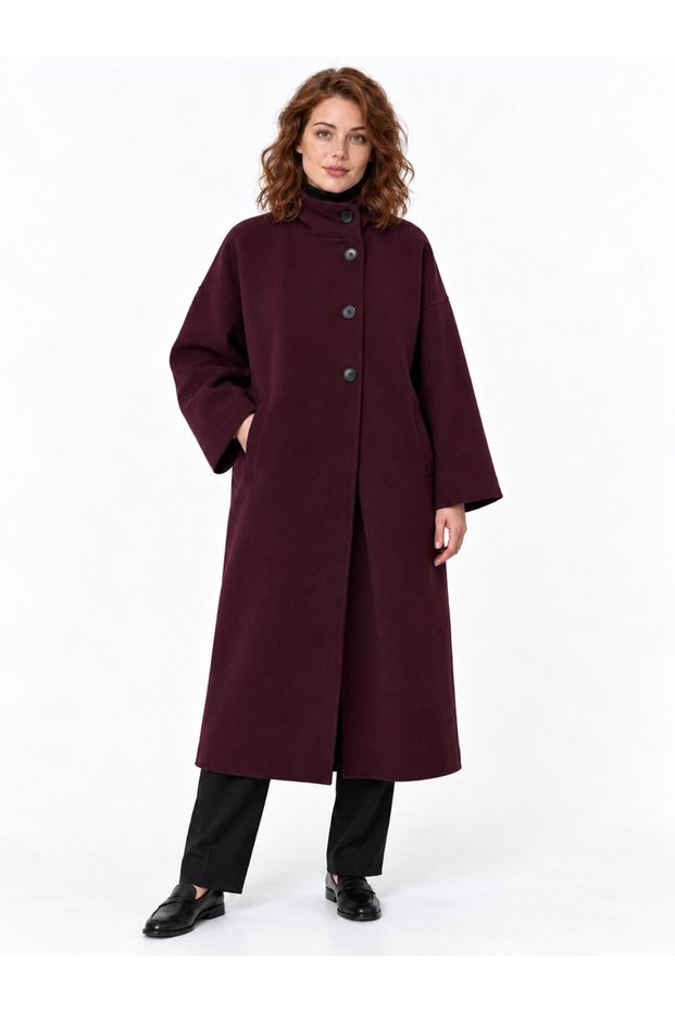 Burgundy Women's Oversized Long Melton Coat