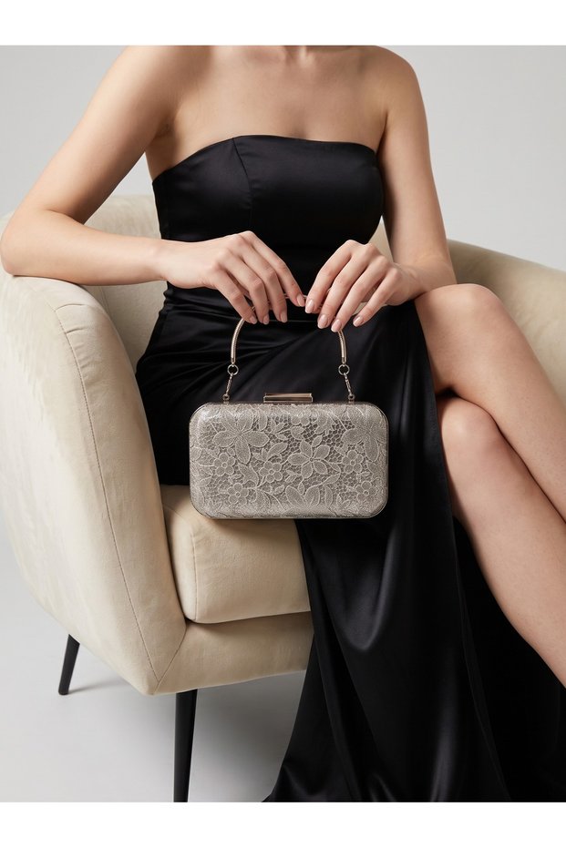 Gold Laser-Cut Floral Print Metal-Handled Women's Evening Bag for Weddings, Engagements, and Graduations