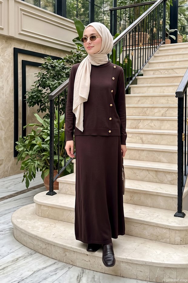 Knit Set with Accessory Detail on the Tunic and Skirt, Style 704, Brown
