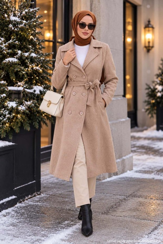 Double-Breasted, Buttoned, Belted Wool Melton Coat in Taupe Color, HM2978