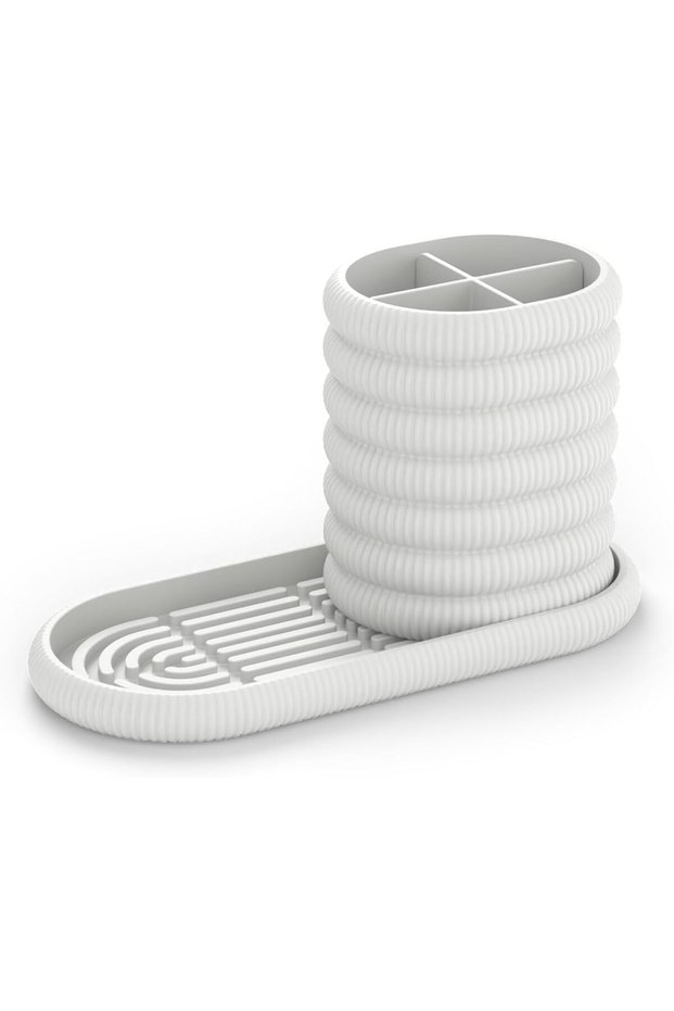 Ribbed Toothbrush Cup with Long Oval Drip Tray and 4-Way Divider, 20.2 x 9.2 cm, White