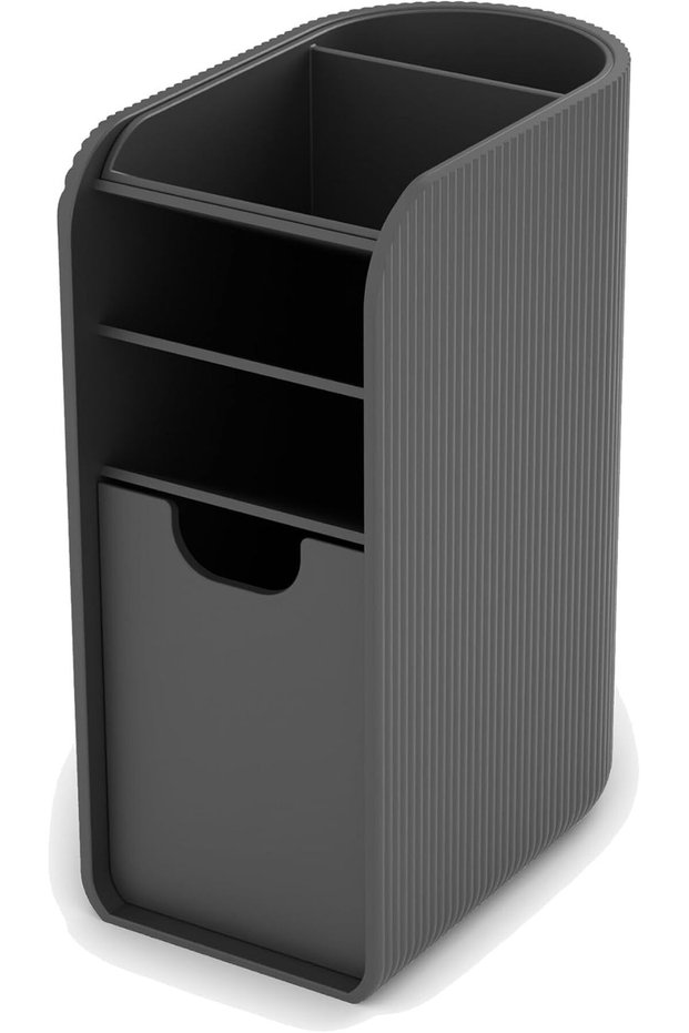 Pen Holder with Pull-Out Drawer, Pencils, Sticky Notes and Clips, Matte, Black
