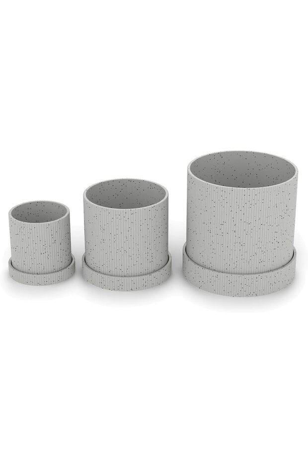 Ridged Planter Set of 3 with Drip Trays, 8.3, 10.8 and 14.1 cm Tall, for Succulents, Marble
