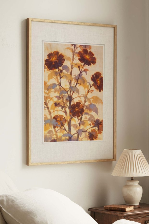 1 VINTAGE PAINTING WITH A RED BOTANICAL THEME IN A NATURAL WOOD FRAME